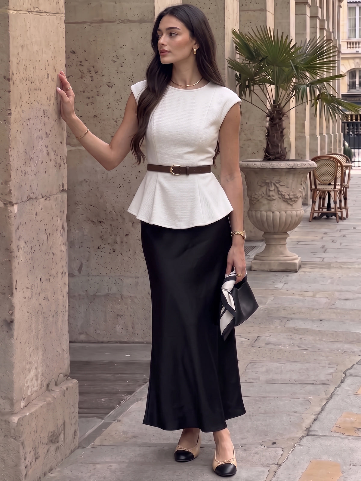 Belted Peplum Top & Satin Midi Skirt Set