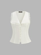 Lace Trim Lapel Buttoned V-Neck Vest