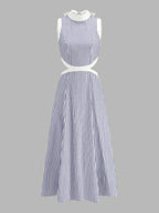 Mock Neck Waist Cutout Striped Maxi Dress