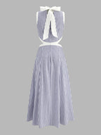 Mock Neck Waist Cutout Striped Maxi Dress
