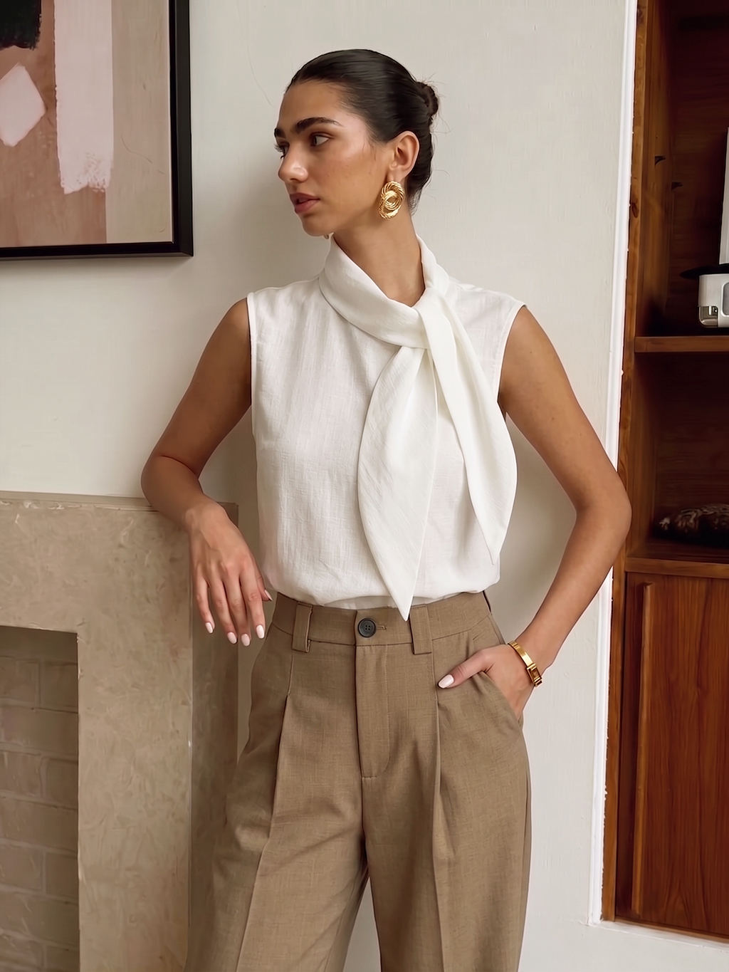 Tie Neck Sleeveless Tencel Blouse