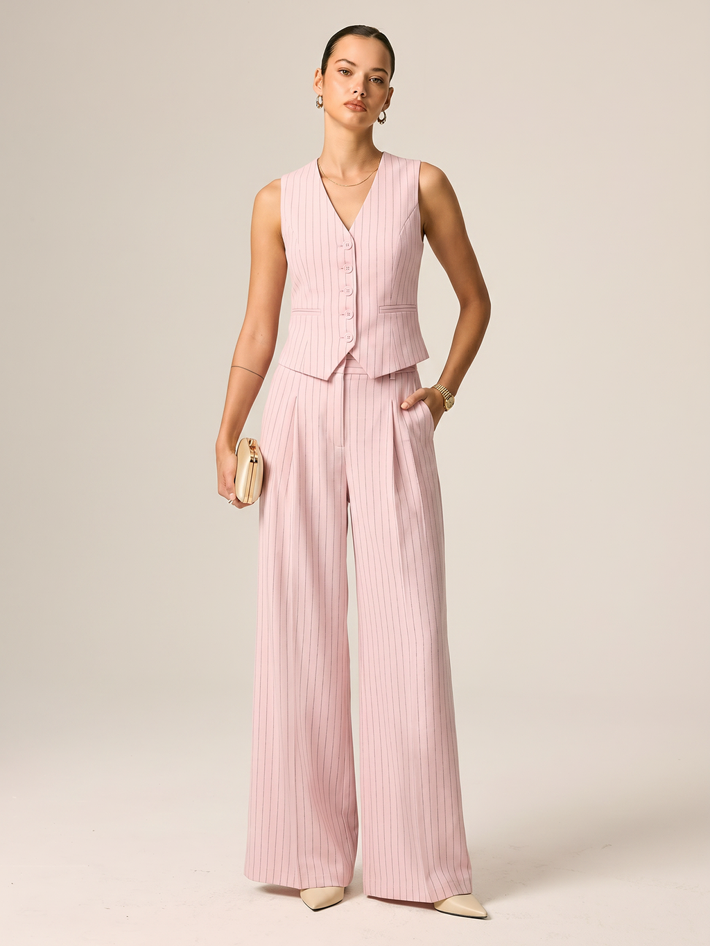 Pinstriped Cotton Linen Vest & Pants Set