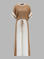Color Block Rib Knit Two Piece Pants Set