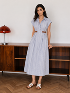 Striped Buckle Detail Cotton Shirt Dress