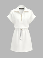 Half Zip Polo Drawstring Waist Mini Dress