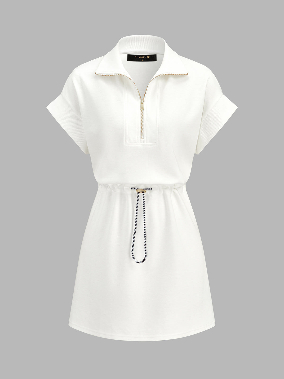 Half Zip Polo Drawstring Waist Mini Dress