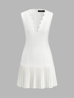 Scallop V Neck Pleated Hem Mini Dress