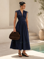 Drawstring Shoulder Lace Panel Midi Dress