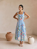 Floral Print Striped Sleeveless Maxi Dress