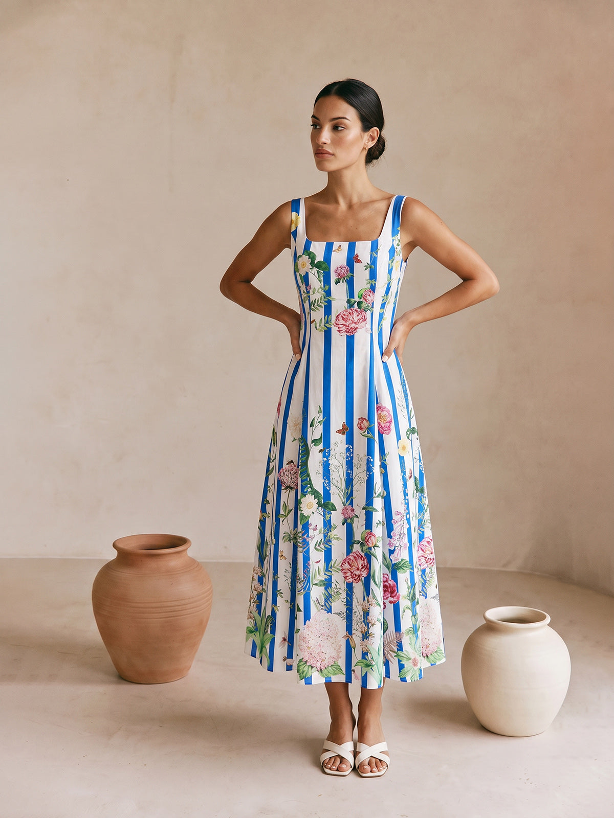 Floral Print Striped Sleeveless Maxi Dress