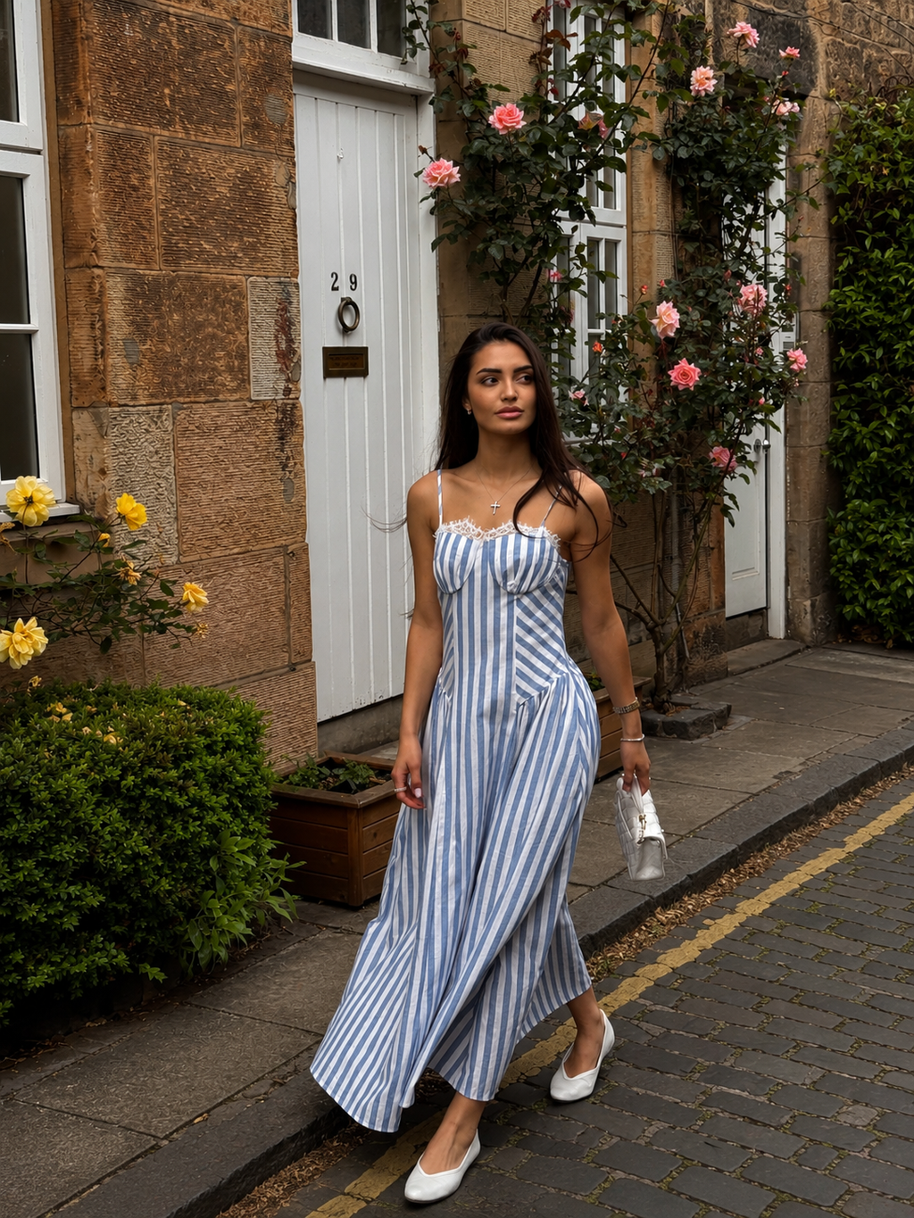 Lace Trim Striped Cotton Cami Maxi Dress