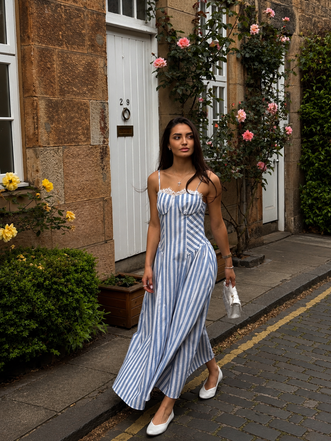 Lace Trim Striped Cotton Cami Maxi Dress