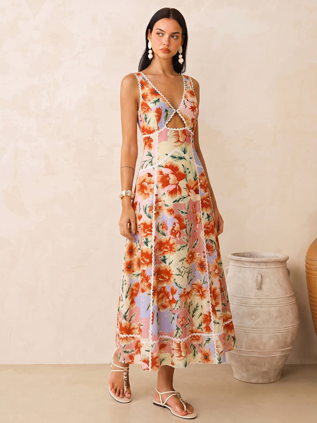 Sleeveless Floral Print Backless Maxi Dress