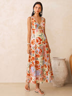 Sleeveless Floral Print Backless Maxi Dress