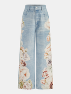 Flower Pattern Straight Leg Denim Pants