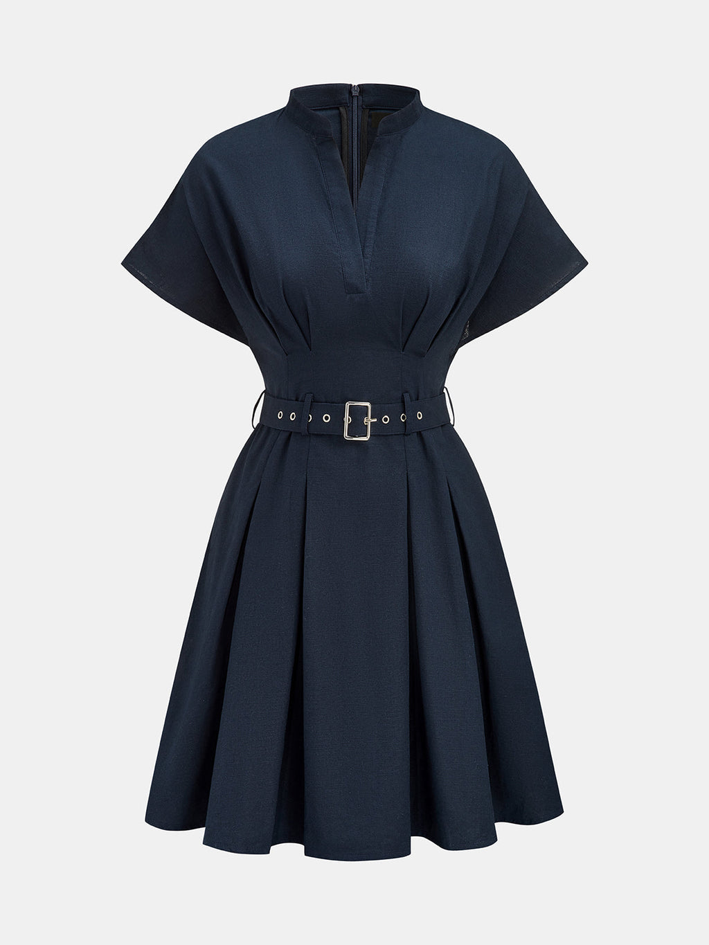 Belted Cotton Linen Pleated Mini Dress