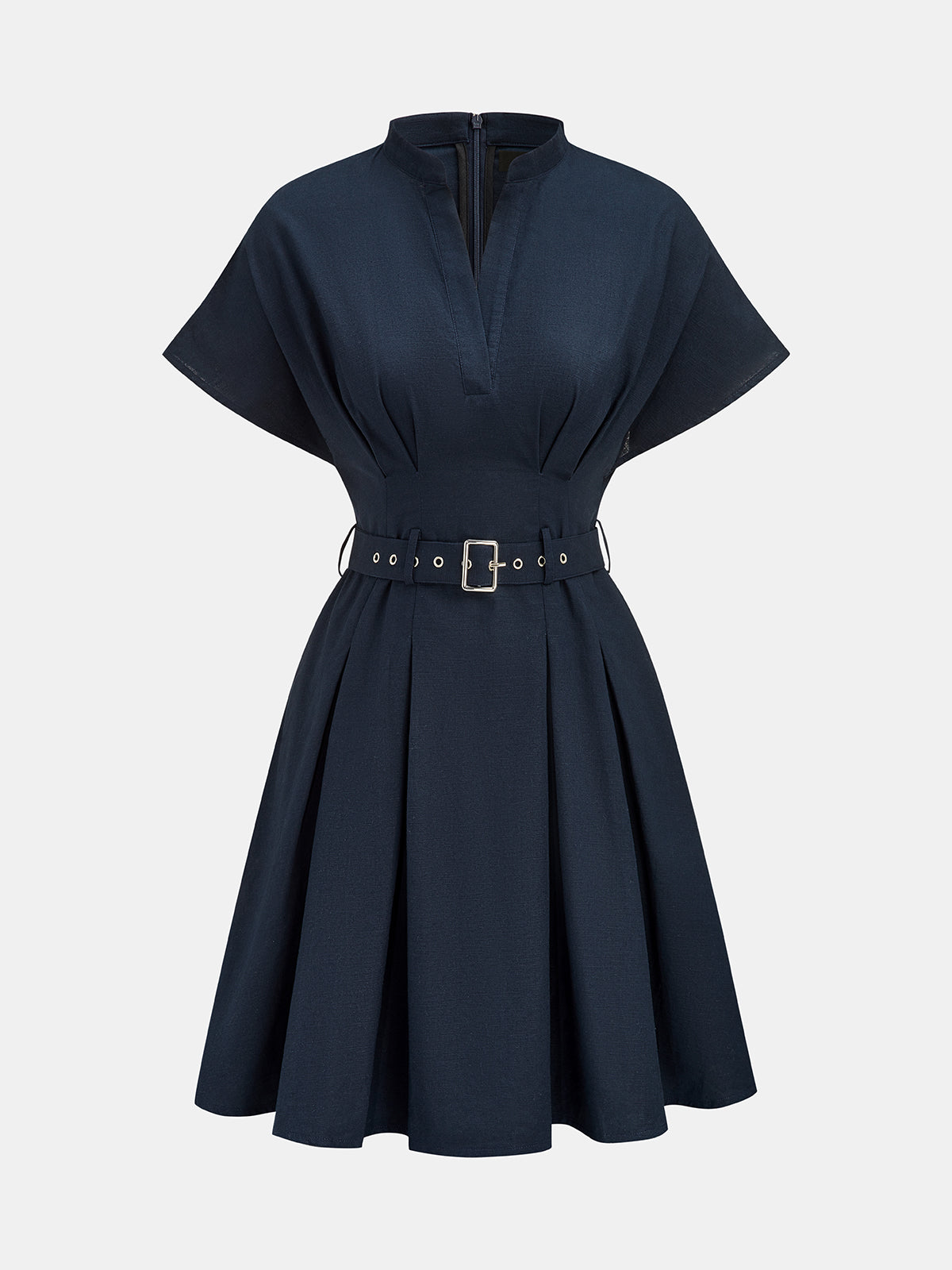 Belted Cotton Linen Pleated Mini Dress