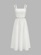 Metal Detail Cutout Linen Blend Midi Dress