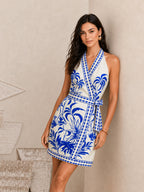 Botanical Print Halter Wrap Dress