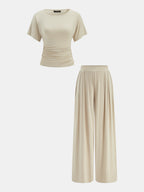 Ruched Crew Neck Top & Pleated Pants Set