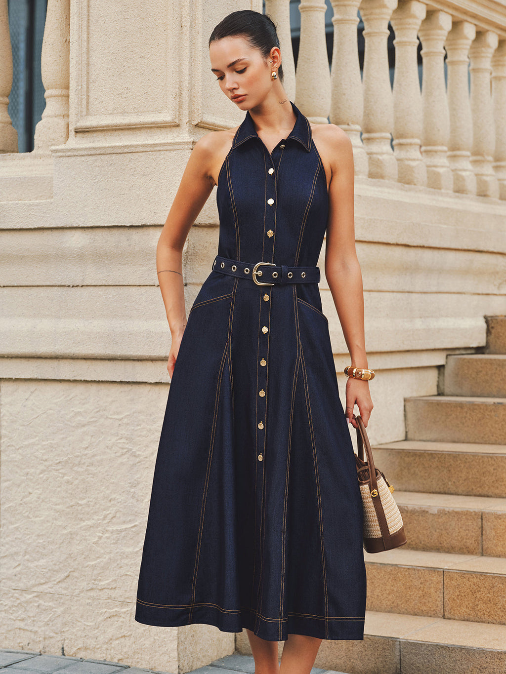 Halter A-Line Belted Denim Dress