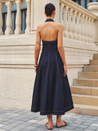 Halter A-Line Belted Denim Dress