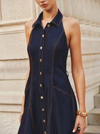 Halter A-Line Belted Denim Dress