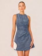 Ruched Sleeveless Asymmetric Denim Mini Dress