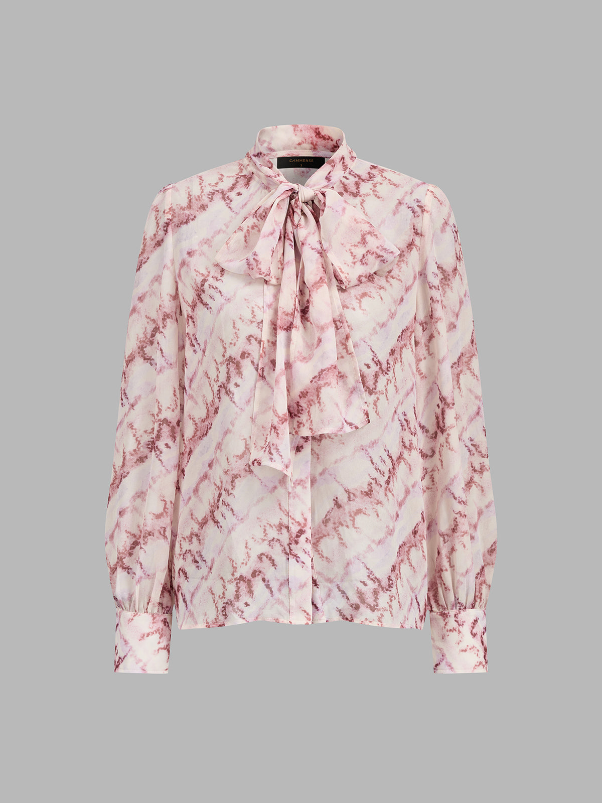 Sheer Marbled Bow Neck Long Sleeve Blouse
