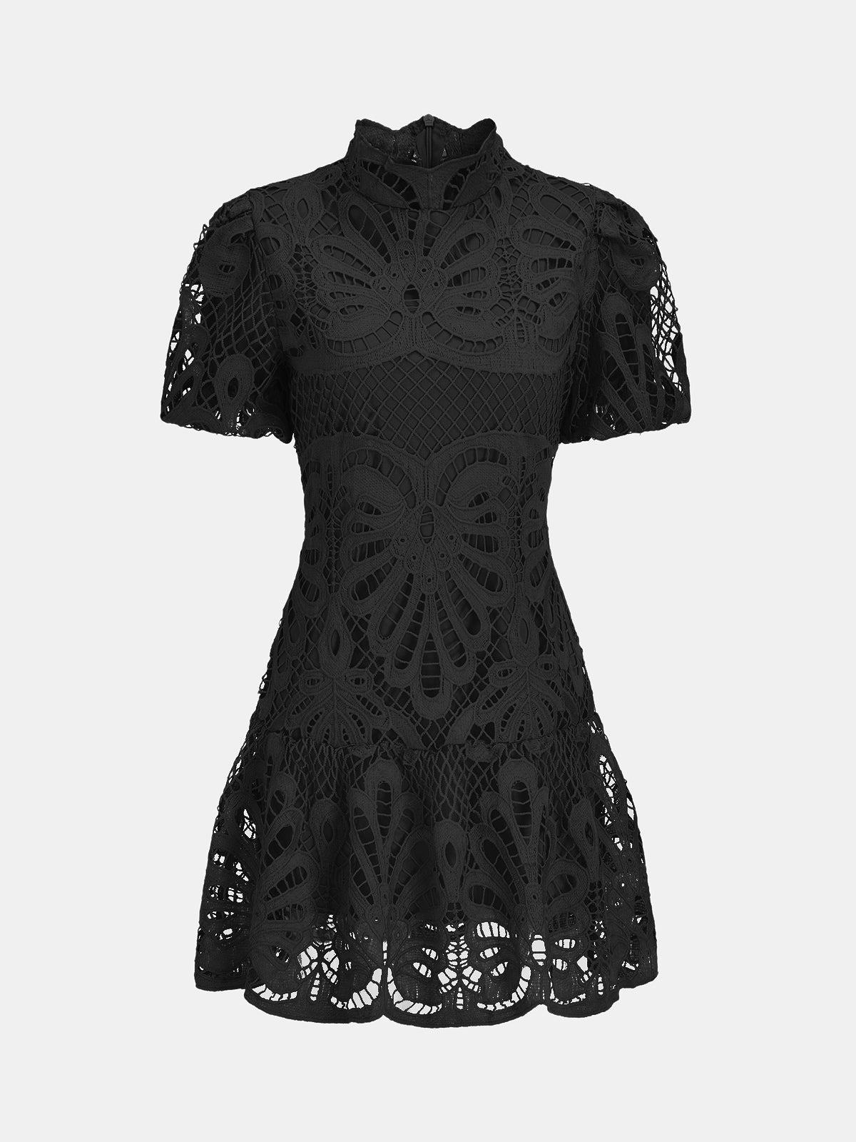 High Neck Short Sleeve Guipure Lace Mini Dress