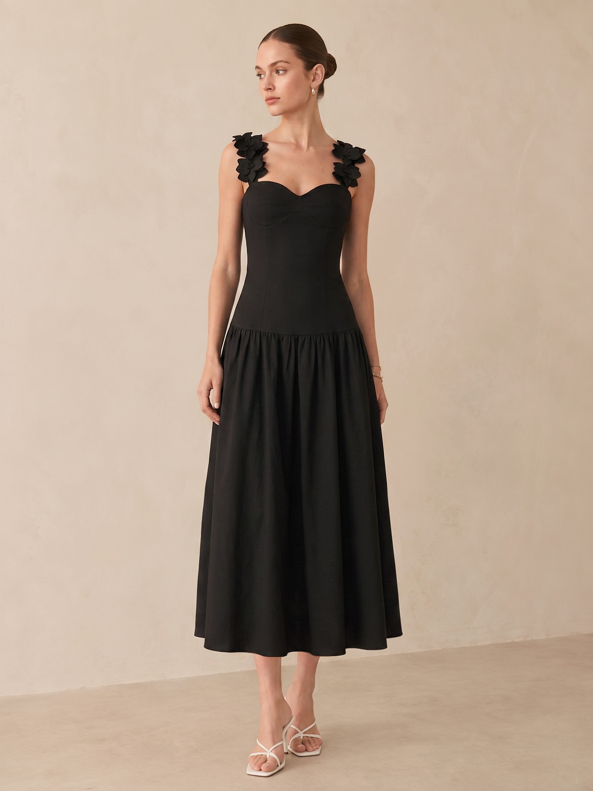 Flower Strap Cotton Linen Midi Dress