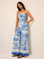 Toile Print Smocked Cami Wide-Leg Jumpsuit