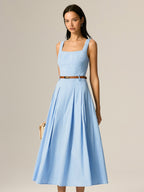 Square Neck Belted Pleated Maxi Dress