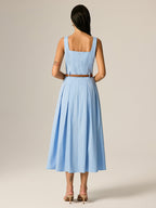 Square Neck Belted Pleated Maxi Dress