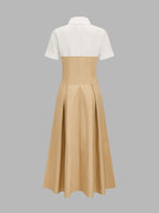 Fake Two Piece Shirt Collar Pleated Maxi Dress