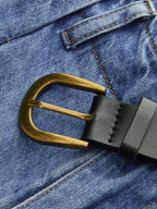 Belted Pleated Wide Leg Denim Pants
