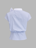 Bow Tie Striped Ruched Cap Sleeve Blouse