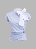 Bow Tie Striped Ruched Cap Sleeve Blouse
