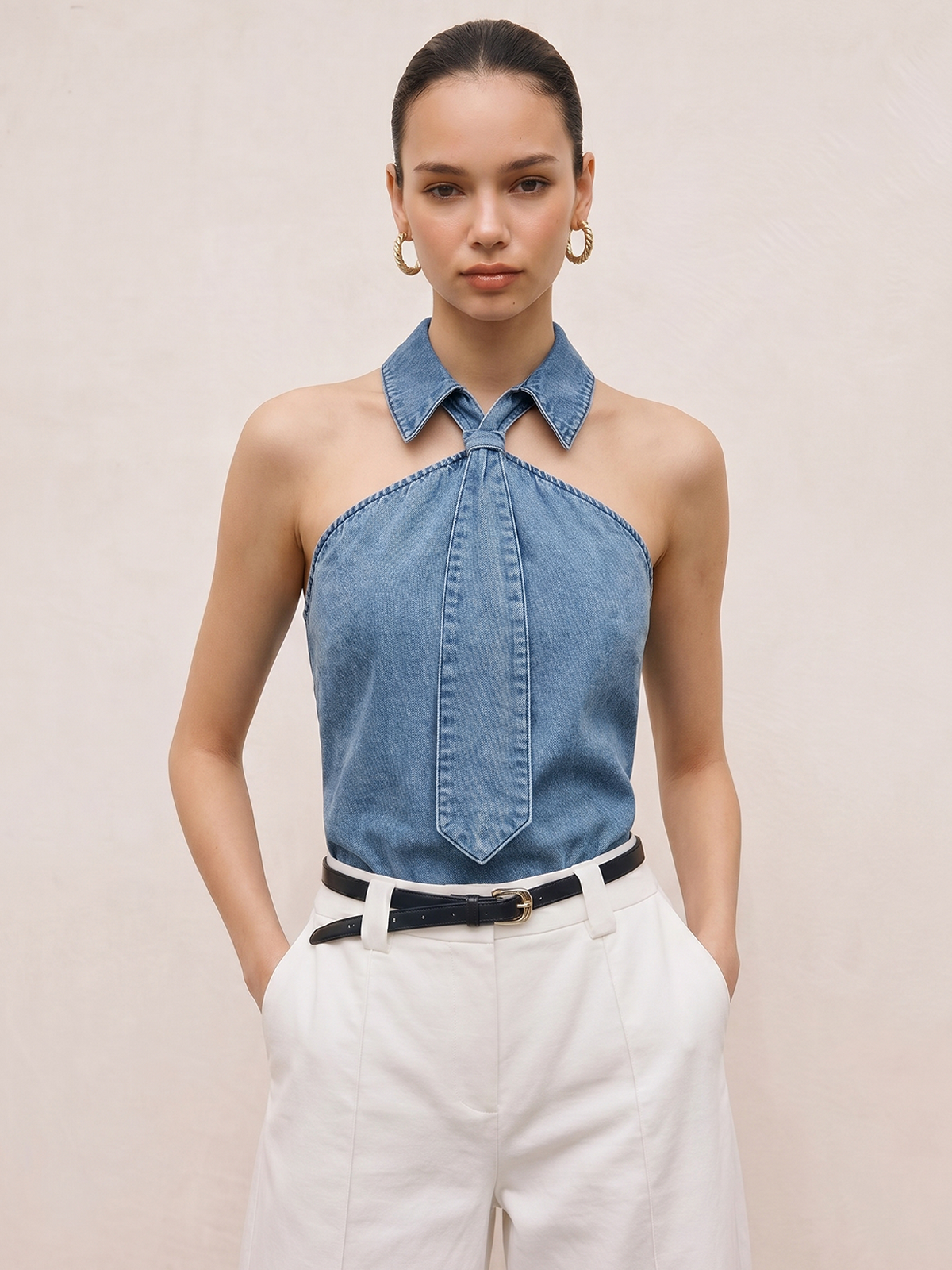 Tie Detail Denim Halter Top