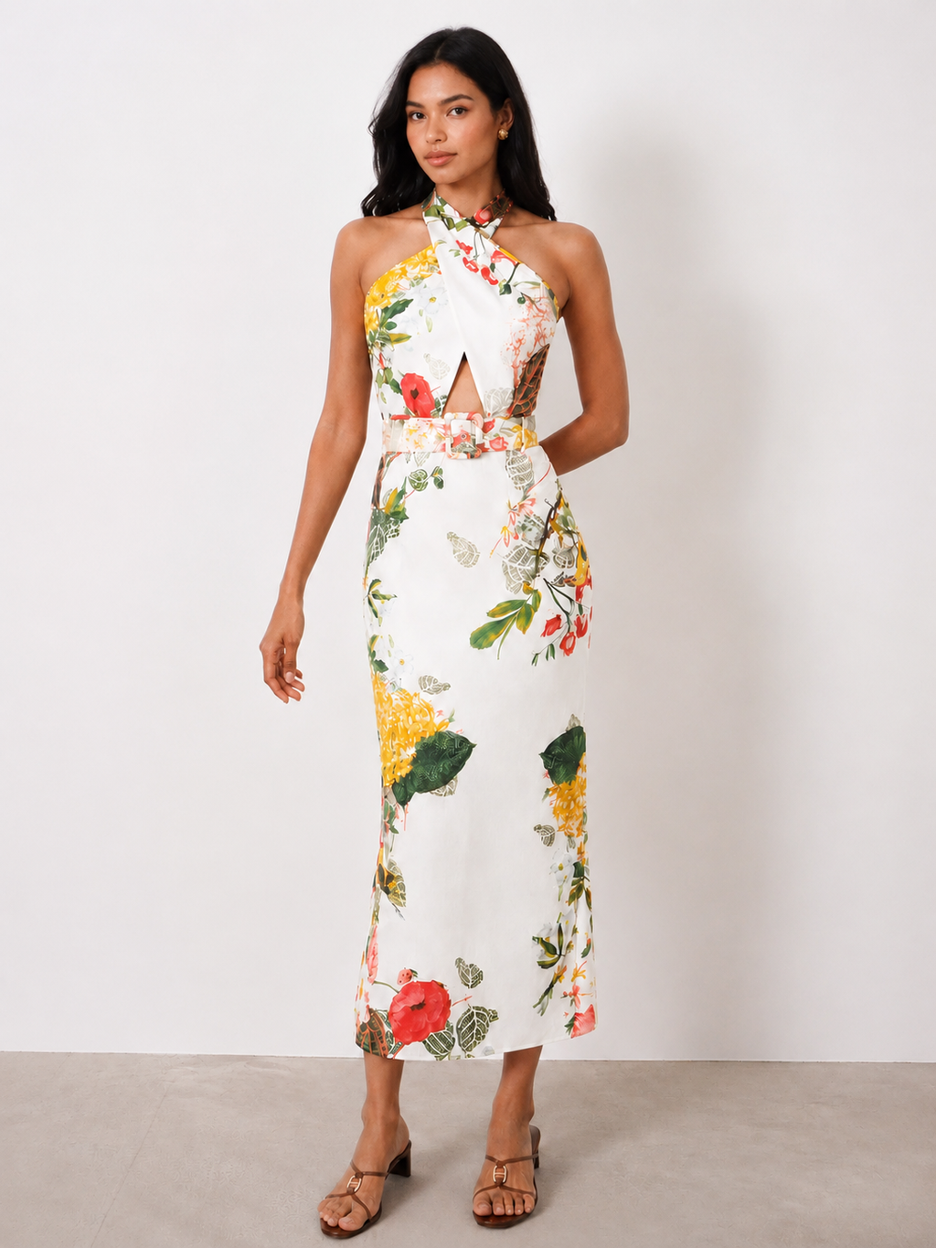 Halter Floral Print Belted Midi Pencil Dress