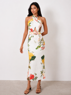 Halter Floral Print Belted Midi Pencil Dress
