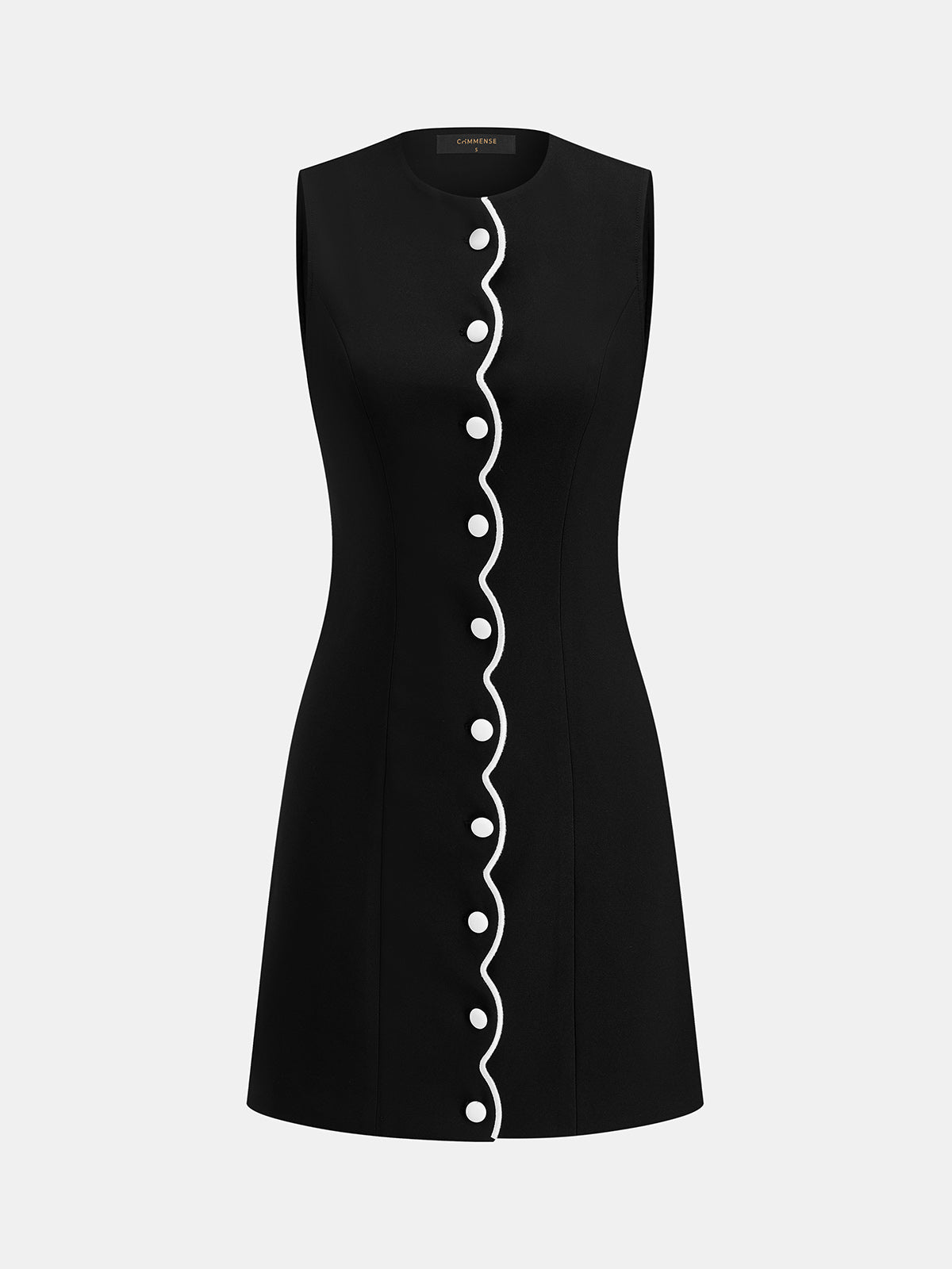 Sleeveless Buttoned Wavy Trim Mini Dress
