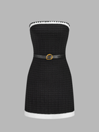 Strapless Belted Grid Mini Knit Dress