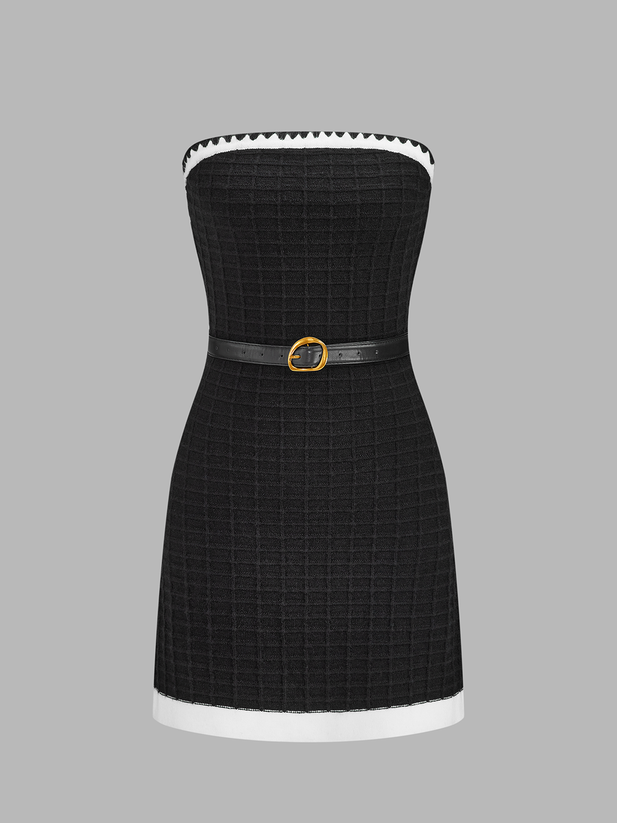 Strapless Belted Grid Mini Knit Dress