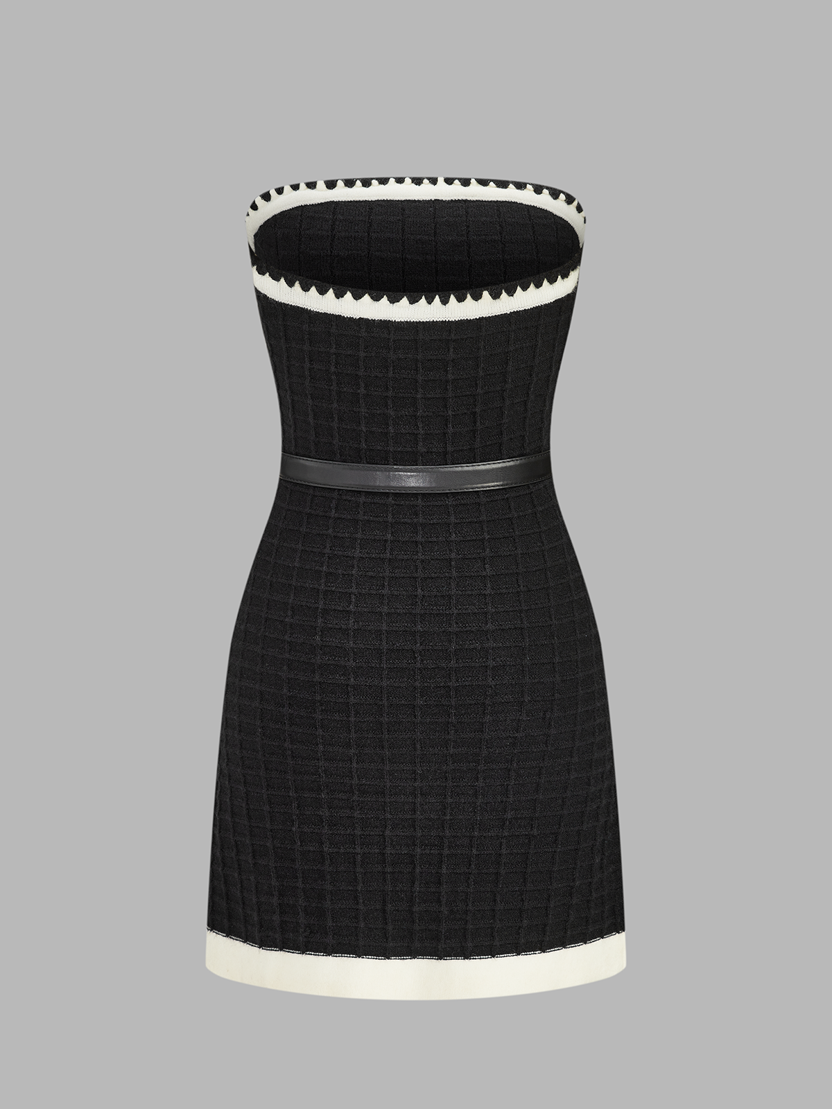 Strapless Belted Grid Mini Knit Dress