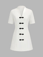 Frog Button V Neck Mini Dress
