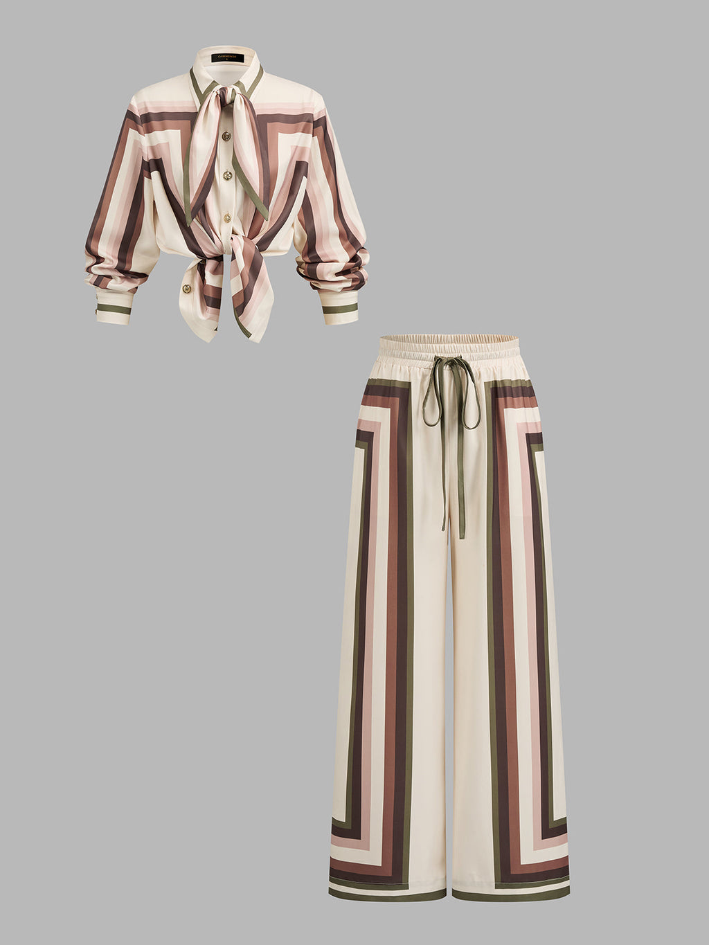 Geometric Print Tie Neck Shirt & Pants Set