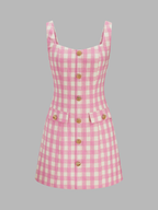 Button Front Gingham Tweed Mini Dress