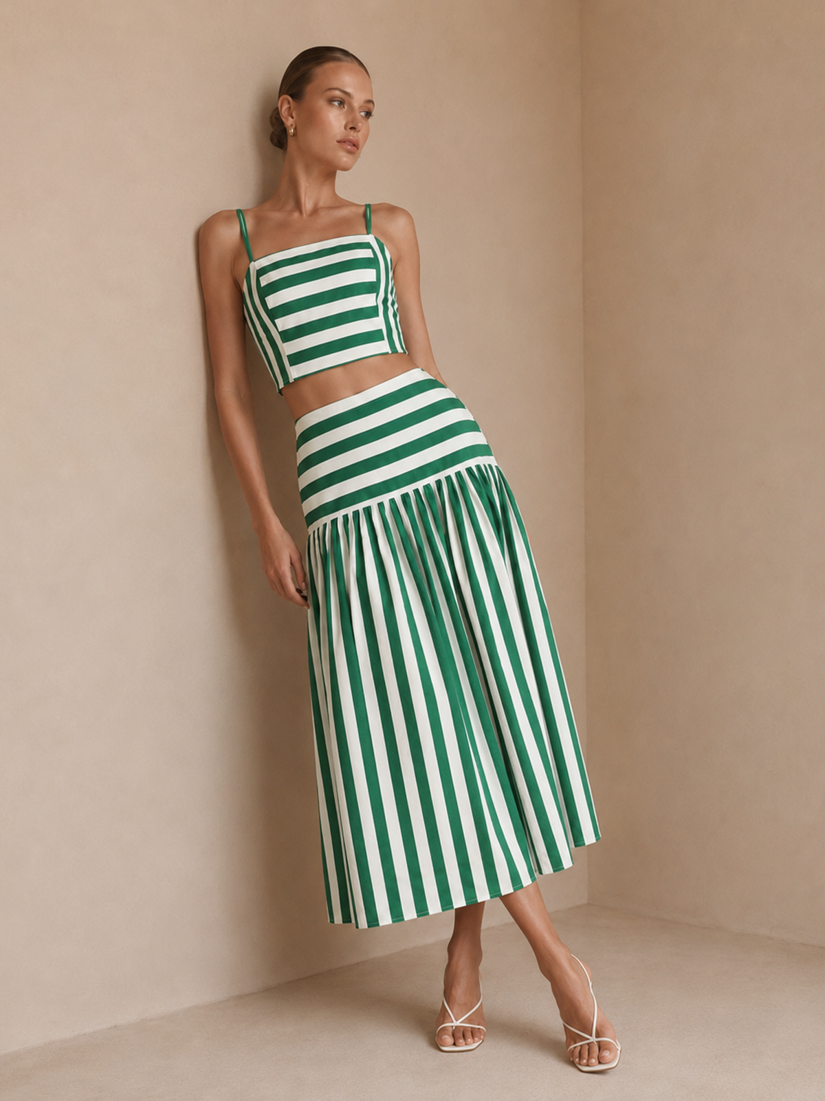 Striped Cotton Two Piece Midi Skirt Set