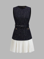 Tweed Belted Pleated Mini Dress